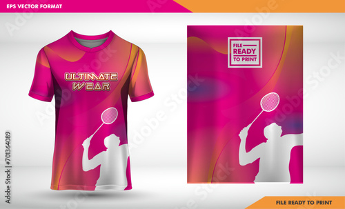 Sports t-shirt jersey design concept vector, sports jersey concept with front view. New Cricket Jersey design concept for soccer, Badminton, Football and volleyball gradation pink magenta and shilouet