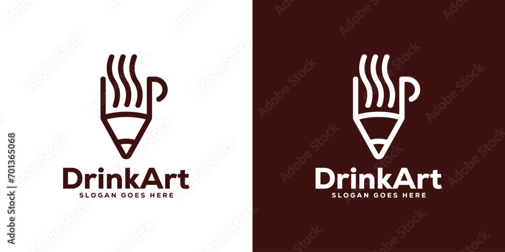 Creative Drink Art Logo. Coffee Cup, Hot Tea and Pencil with Linear Outline Style. Icon Symbol Vector Design Template. Creative Drink Art Logo. Coffee Cup, Hot Tea and Pencil with Linear Outline Style. Icon Symbol Vector Design Template.
