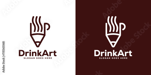 Creative Drink Art Logo. Coffee Cup, Hot Tea and Pencil with Linear Outline Style. Icon Symbol Vector Design Template.