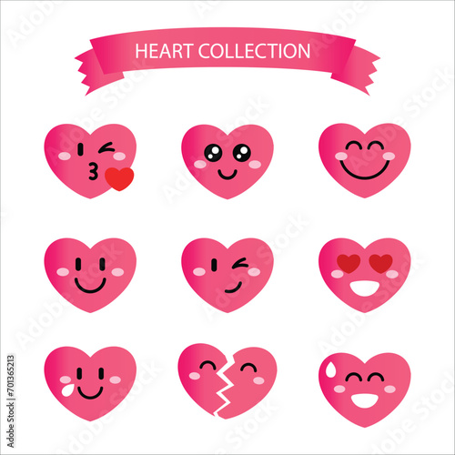 Set of Cute Heart shape emoji icon | collection of  heart emoticon vector