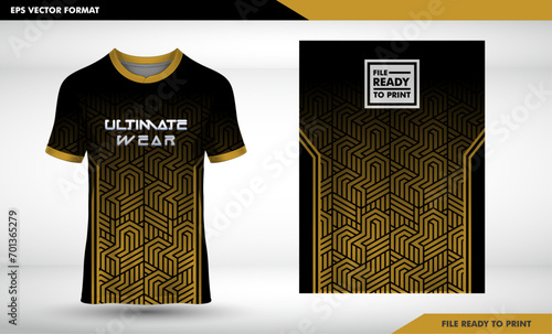Sports t-shirt jersey design concept vector, sports jersey concept with front view. New Cricket Jersey design concept for soccer, Badminton, Football and volleyball black gold pattern line design 