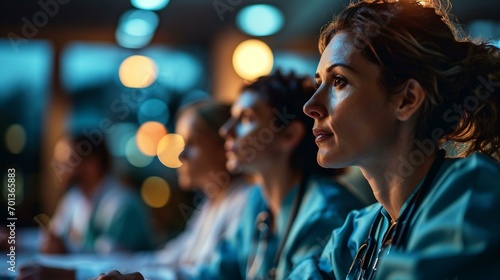 A bokeh-heavy photo of a medical team gathered for a meeting, conveying the collaborative and supportive nature of the healthcare profession on Medical Worker's Day. [Bokeh effect 