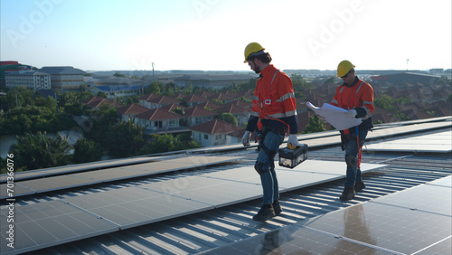 Both of technicians is installing solar panels on the roof of the warehouse to change solar energy into electrical energy for use in factories.