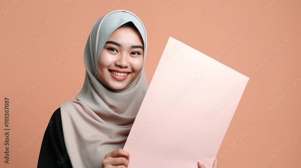 Smiling Asian Woman with Hijab Holding Blank Paper for Copy Space Smiling Asian Woman with Hijab Holding Blank Paper for Copy Space