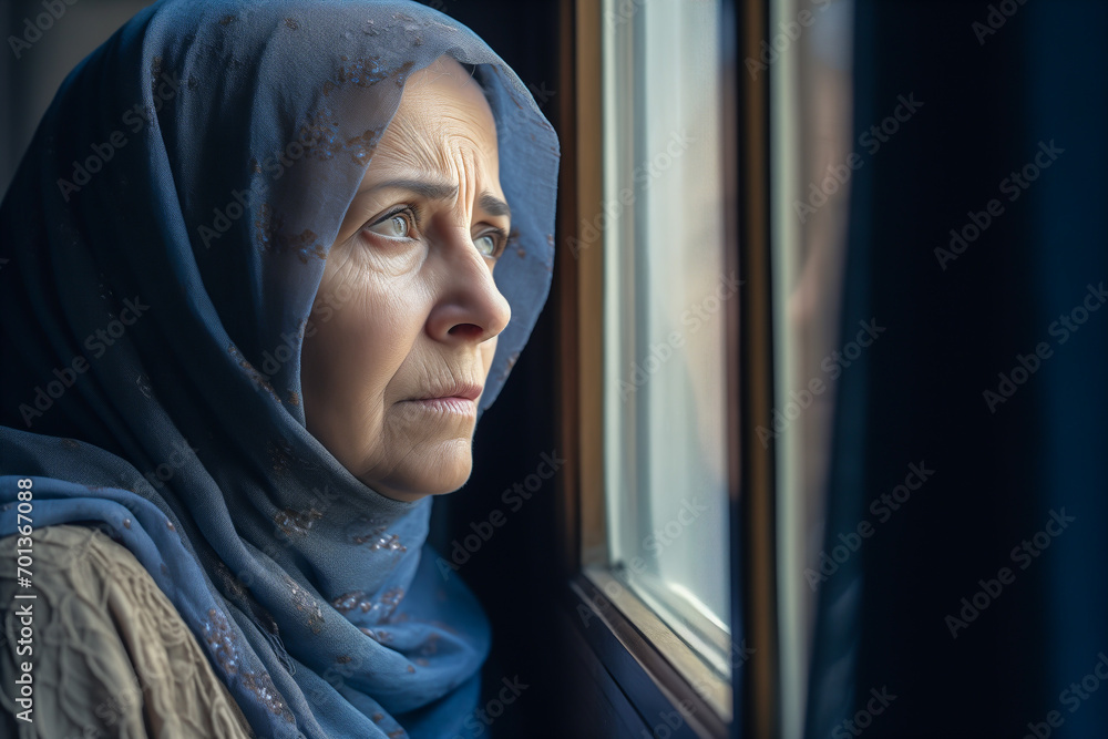 Worried old muslim woman watches out the window Worried old muslim woman watches out the window