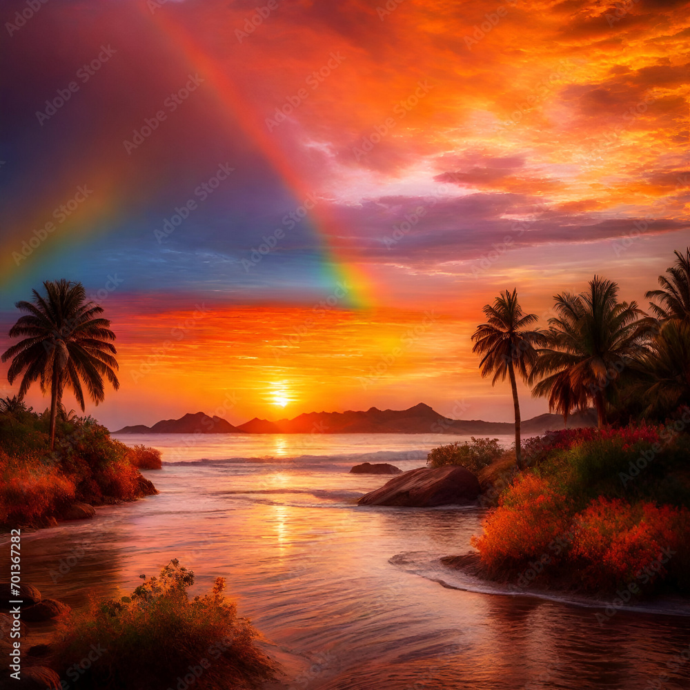    Experience the magic of a rainbow emerging during the golden hues of a sunset. 