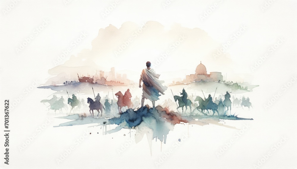 Fototapeta premium The King David defeats the Jebusites to win Jerusalem. Old Testament. Watercolor Biblical Illustration