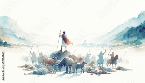 The King David defeats the Jebusites to win Jerusalem. Old Testament. Watercolor Biblical Illustration