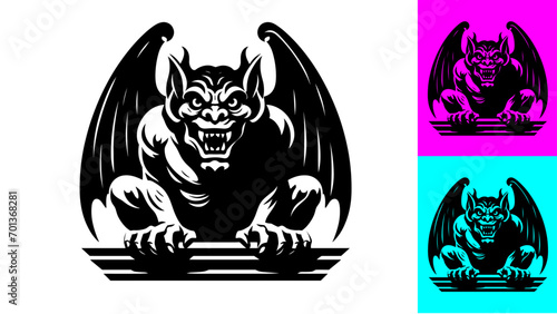 Multicolored Gargoyle Drawing with staring eyes and bat wings, ghost faces mythical creature demon with bat wings and horns and vampire teeth