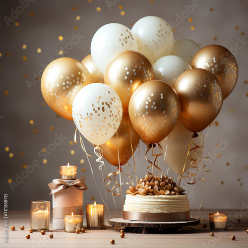 Birthday party scene, platinum gold, white background