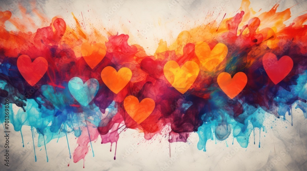 abstract explosion of colorful hearts against a watercolor backdrop, symbolizing love and emotion on Valentine’s Day 