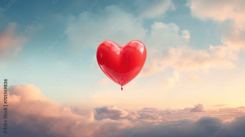 a shiny red heart-shaped balloon floating in a sky with soft clouds during sunset. a shiny red heart-shaped balloon floating in a sky with soft clouds during sunset.