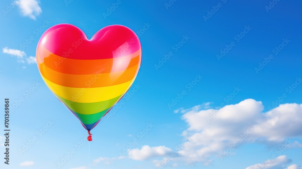 LGBTQ heart-shaped balloon with a rainbow pattern floating against a clear blue sky with white clouds.