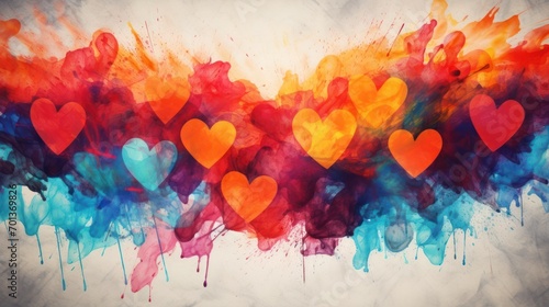 abstract explosion of colorful hearts against a watercolor backdrop, symbolizing love and emotion on Valentine’s Day 