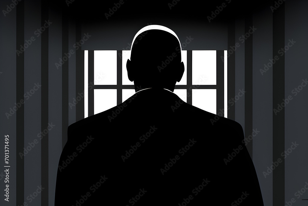 Silhouette of a person in a jail prison cell behind bars Looking Out a window In A Police Station Law And Order Justice Incarceration Punishment Crime Theme Pop Art Style