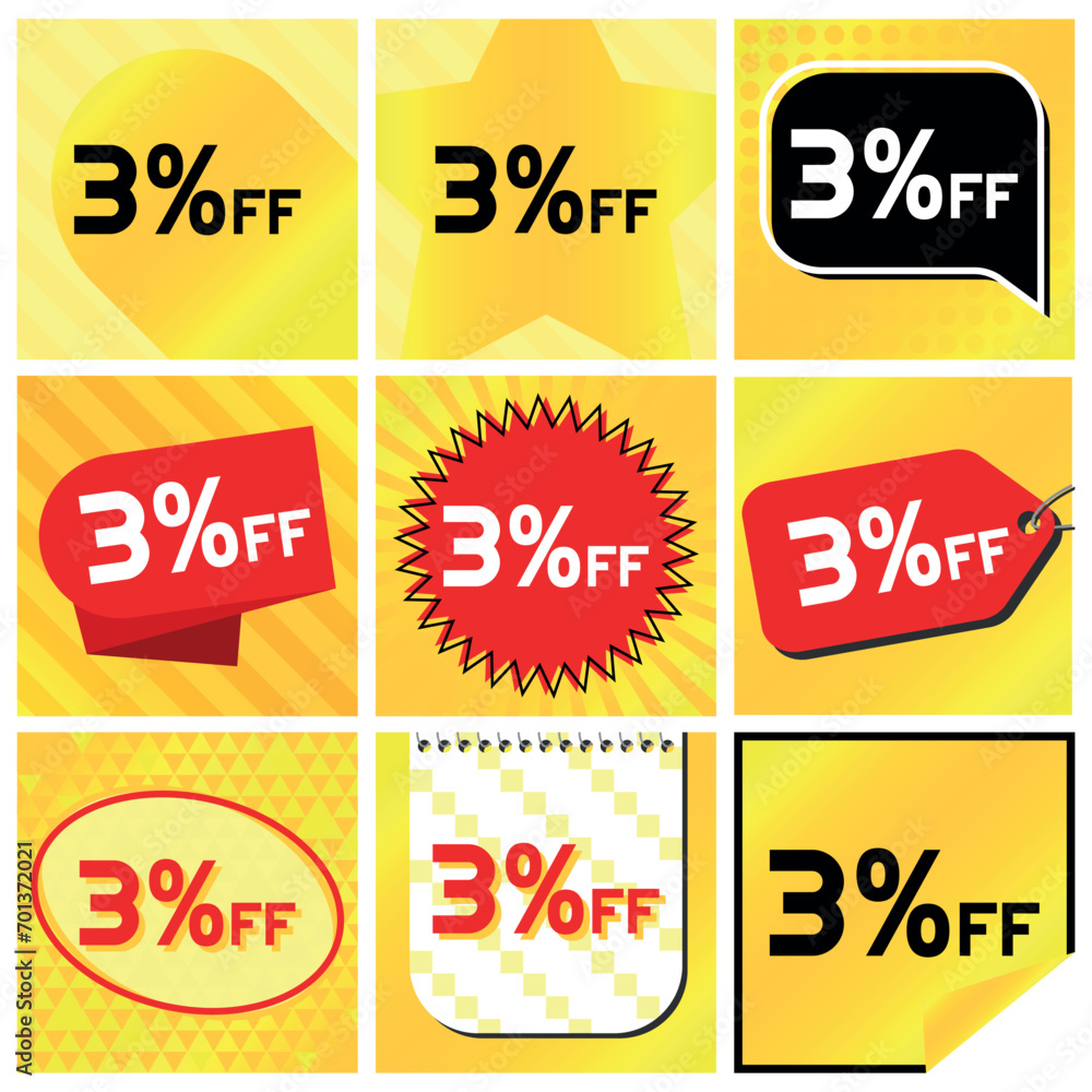 3% Discount Labels Set, 9 Variations - Ball Star in Stripes, Speech Bubble, Coupon, Starburst Stamp, Price Tag, Oval, Calendar, Sticker. Yellow Orange Background 3% Discount Labels Set, 9 Variations - Ball Star in Stripes, Speech Bubble, Coupon, Starburst Stamp, Price Tag, Oval, Calendar, Sticker. Yellow Orange Background