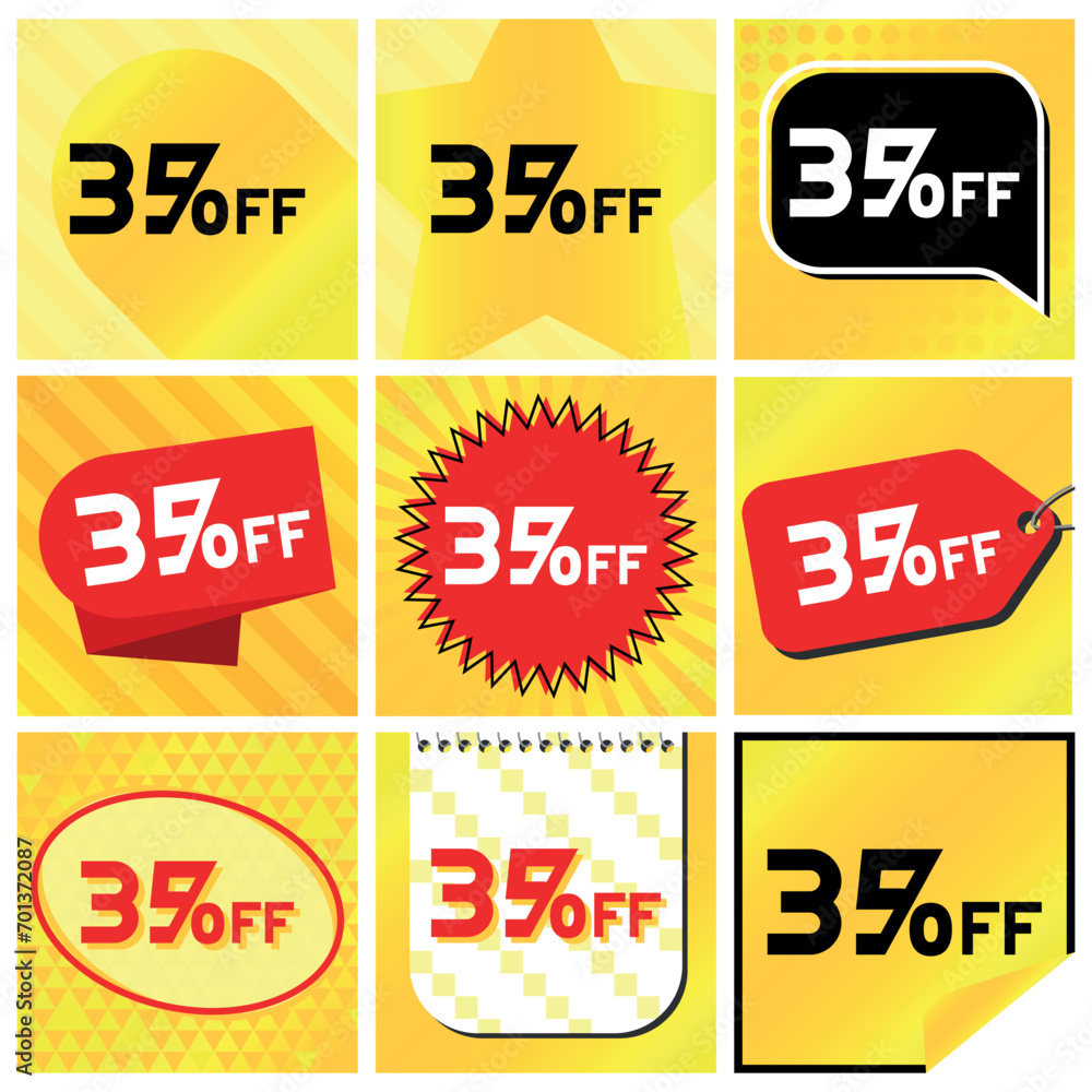 35% Discount Labels Set, 9 Variations - Ball Star in Stripes, Speech Bubble, Coupon, Starburst Stamp, Price Tag, Oval, Calendar, Sticker. Yellow Orange Background 35% Discount Labels Set, 9 Variations - Ball Star in Stripes, Speech Bubble, Coupon, Starburst Stamp, Price Tag, Oval, Calendar, Sticker. Yellow Orange Background