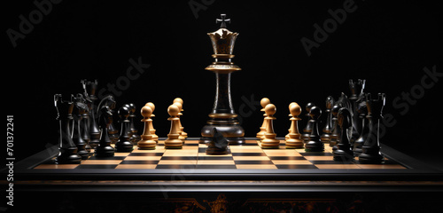 A perfectly crafted and creatively designed chessboard set against a deep, mysterious background.