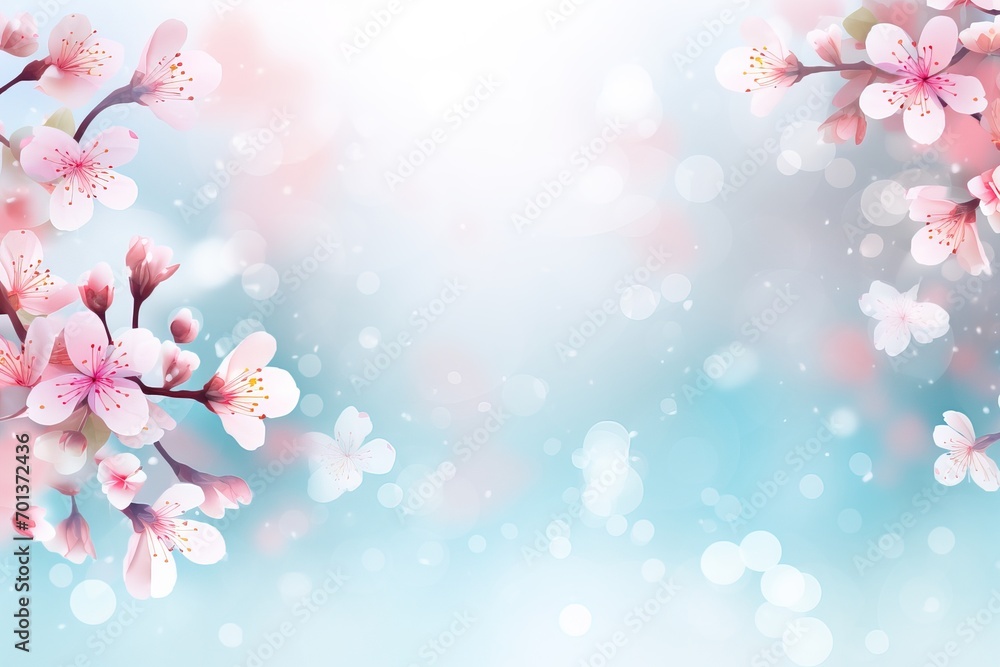 Blossoming trees in spring, a branch of Japanese cherry with pink flowers