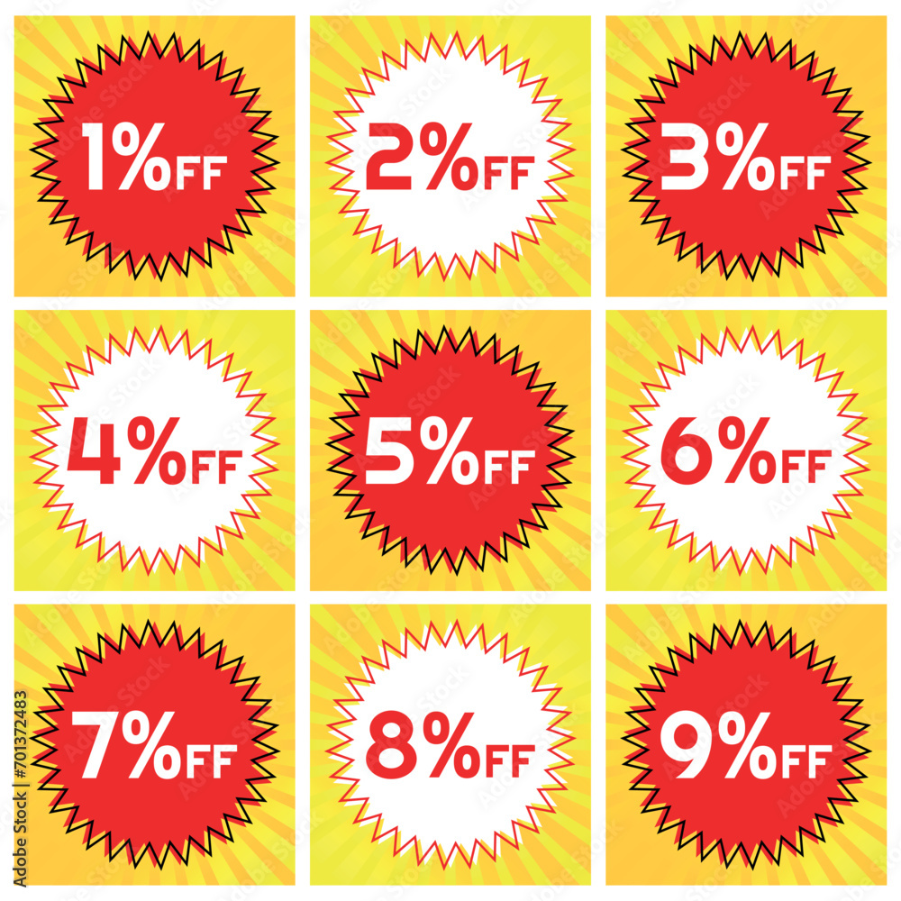 Numbers Discounts Set - Starburst Stamp Label in Square Shaped Image of 1%, 2%, 3%, 4%, 5%, 6%, 7%, 8% and 9% off. Orange and Yellow Background Numbers Discounts Set - Starburst Stamp Label in Square Shaped Image of 1%, 2%, 3%, 4%, 5%, 6%, 7%, 8% and 9% off. Orange and Yellow Background