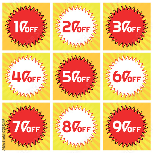 Numbers Discounts Set - Starburst Stamp Label in Square Shaped Image of 10%, 20%, 30%, 40%, 50%, 60%, 70%, 80% and 90% off. Orange and Yellow Background