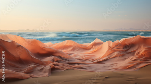 On background Ocean, sandy beach and very large fabric, transparent fabrics with draping and flying pastel tones, soft blue and pink color fabric. © Yuliia
