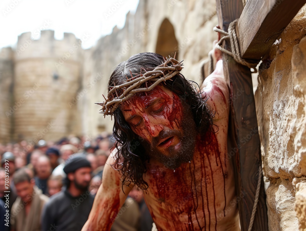 Jesus Christ on the cross on the way to his crucifixion on Via Dolorosa in Jerusalem