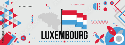 Luxembourg national or independence day banner for country celebration. Flag and map of Luxembourg with raised fists. Modern retro design with typorgaphy abstract geometric icons. Vector illustration.