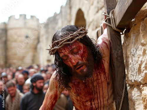 Obraz na płótnie Jesus Christ on the cross on the way to his crucifixion on Via Dolorosa in Jerusalem w salonie