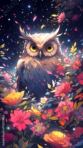 Hand drawn cartoon illustration of owl among flowers under the starry sky at night 