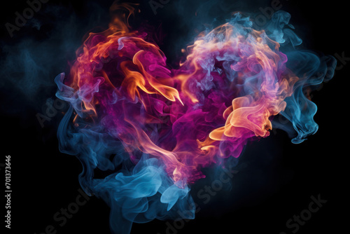 Heart made of blue violet orange smoke symbolizing love for Valentine's Day, space for text
