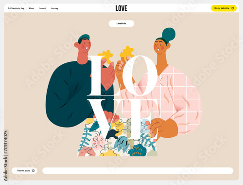 Valentine: Unexpected Match -modern flat vector concept illustration of a couple with duplicate puzzle pieces, a twist in their completion. Metaphor for life's surprising coincidences in relationships