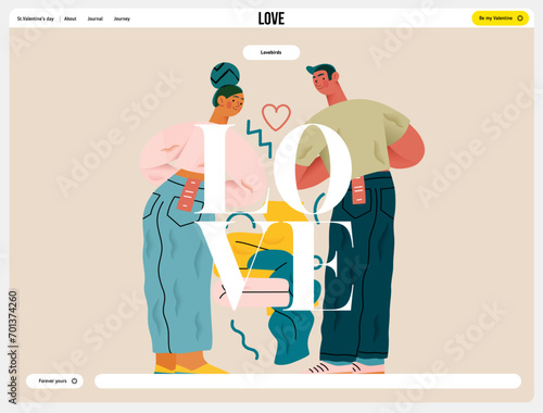 Valentine: Perfect Fit - modern flat vector concept illustration of a couple trying on jeans in a fitting room. Metaphor for finding the right match in love as in life