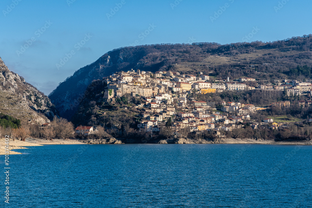 Panoramic winter view of Barrea and its lake, province of L'Aquila in the Abruzzo region of Italy.