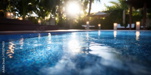 Enjoy the tranquil allure of a swimming pool with sunlights shimmering and creating a light and shadows effect.