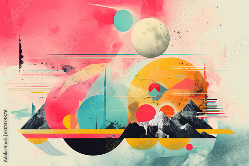 A collage-style abstract composition featuring an eclectic mix of textures, shapes, and vibrant colors reminiscent of a digital dreamscape.