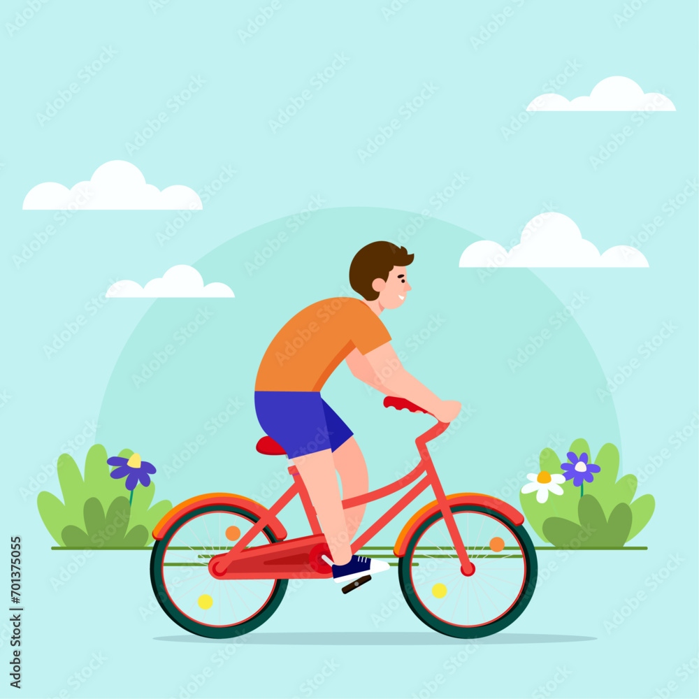 Funny man riding street bicycle vector flat illustration. Happy male ride on urban eco friendly personal transport. Smiling guy cycling, enjoying outdoor activity