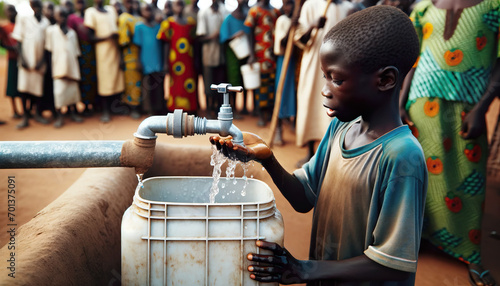 African boy collecting water. 1 in 3 African citizens are impacted by water scarcity. 400 million people in sub-Saharan Africa lack access to basic drinking water.  photo