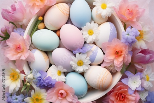 A mosaic of pastel Easter eggs iwith flowers in the basket, tjp view 