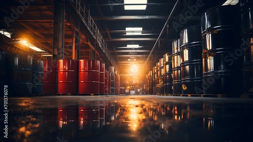 Dark warehouse with pallets holding red and black barrels or barrel containers filled with fossil fuels, illuminated by artificial lighting. Petrol gas, oil storage in gallons, refinery pallets  photo