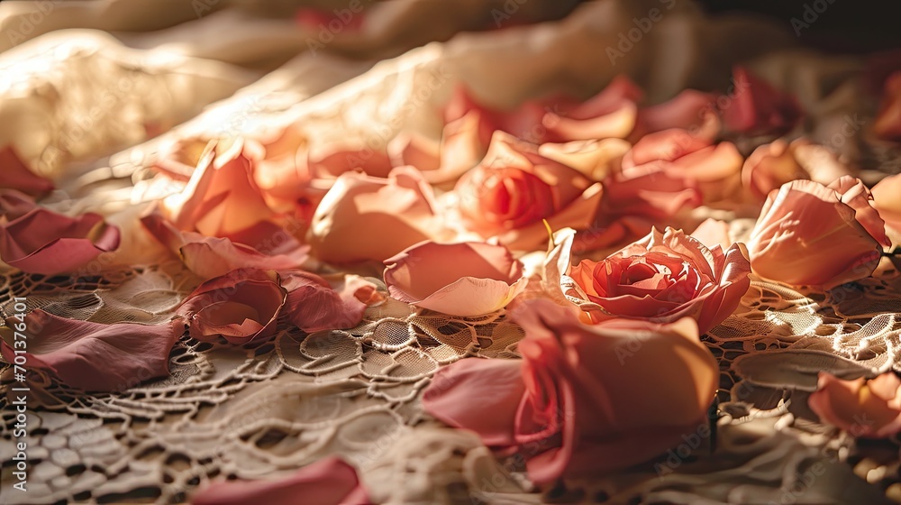 A wedding arrangement of pink rose petals scattered on a vintage lace cloth. - obrazy, fototapety, plakaty 