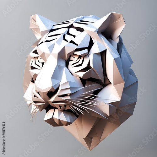 Tiger Raubkatze Kopf in geometrischen Formen, wie 3D Papier in weiß wie Origami Falttechnik Jäger Symbol Wappentier Logo Vorlage wildlebende Tiere