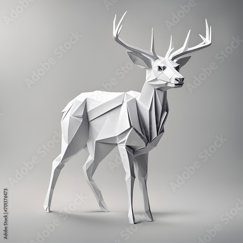Hirsch Bulle mit Geweih in geometrischen Formen, wie 3D Papier in weiß wie Origami Falttechnik Wald Symbol Wappentier Logo Vorlage wildlebende Tiere photo
