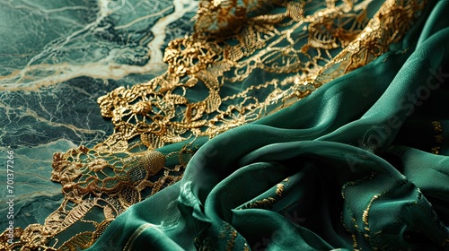 Emerald green marble fabric with veins of gold beside shimmering golden lace. Jewellery design, fashion event. © Dannchez
