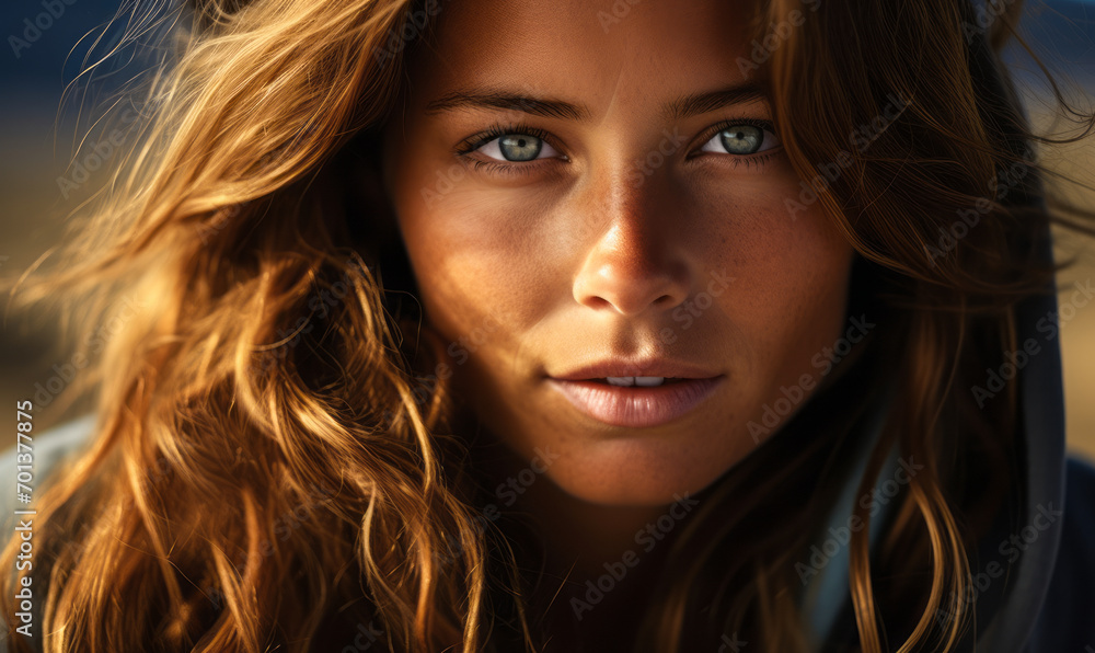 Close-up Portrait of a Tanned Woman with Striking Blue Eyes and Sun-Kissed Wavy Hair, Exuding Warmth and Confidence Close-up Portrait of a Tanned Woman with Striking Blue Eyes and Sun-Kissed Wavy Hair, Exuding Warmth and Confidence