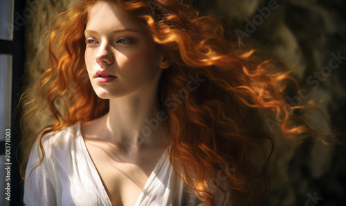 Ethereal Red-Haired Woman in White Shirt Contemplating Nature, with Sunlight Casting Warm Glow on Her Flowing Curls © Bartek