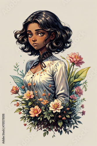 Black Skin Girl with Flowers Watercolor Illustration photo