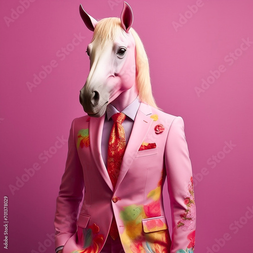 Male horse in colorful fashion suit, with shirt and tie against floral pink background. Fashion concept. Creative animal character. Advertisement idea. Party animal, businessman, dreamer.