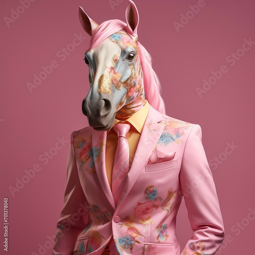 Male horse in pastel fashion suit, with shirt and tie against  pink background. Fashion concept. Creative animal character. Advertisement idea. Party animal, dreamer, stylist.