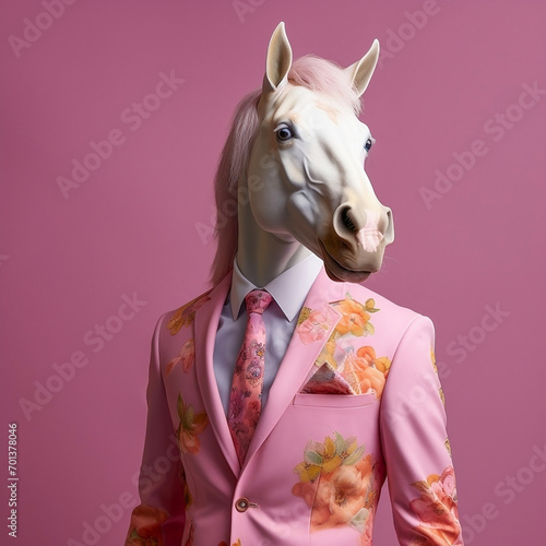 Male horse in colorful fashion suit, with shirt and tie against pink background. Fashion concept. Creative animal character. Advertisement idea. Party animal, businessman, dreamer.